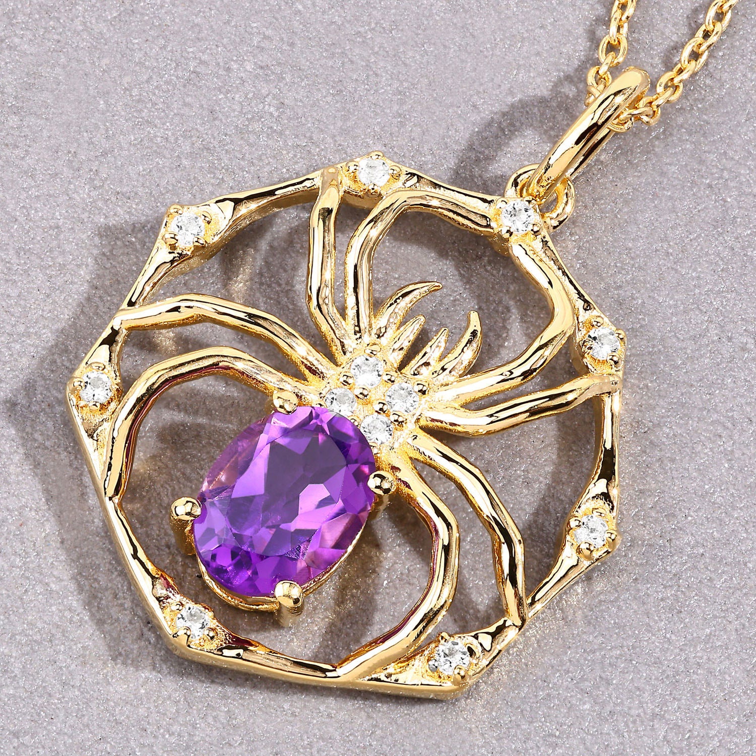 Amethyst Spider Pendant With White Topaz 1.2 Carats Gold Plated Silver