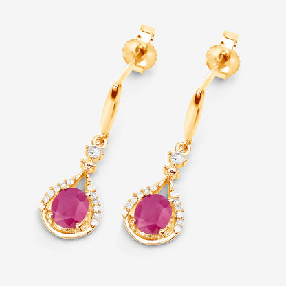 Ruby Dangle Earrings Diamonds 14K Yellow Gold