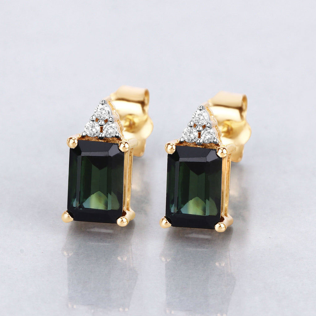 Green Tourmaline Stud Earrings With Diamonds 1.22 Carats 14K Yellow Gold