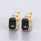 Green Tourmaline Stud Earrings With Diamonds 1.22 Carats 14K Yellow Gold