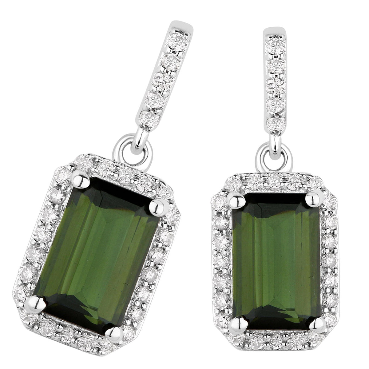 Green Tourmaline Earrings With Diamonds 2.72 Carats 14K White Gold