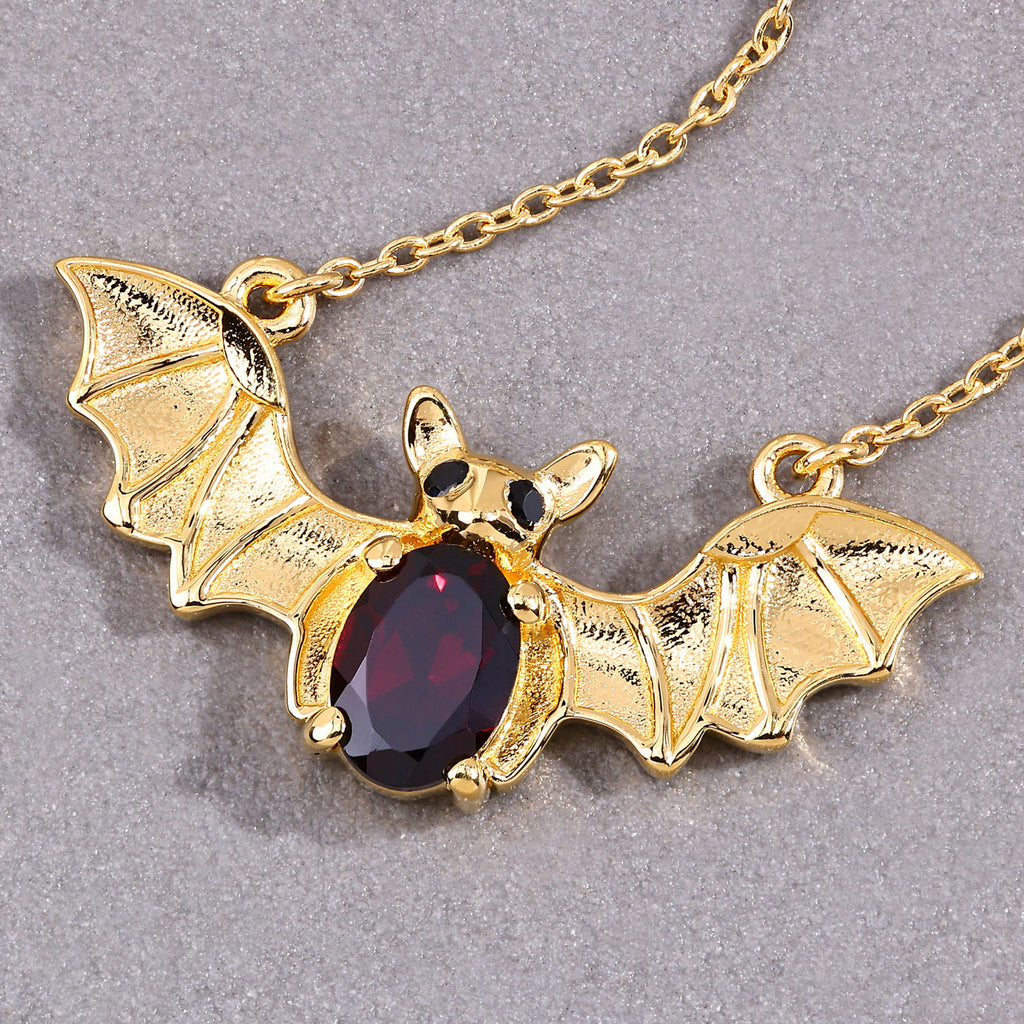 Garnet Bat Necklace With Black Spinel 1.06 Carats Gold Plated Silver