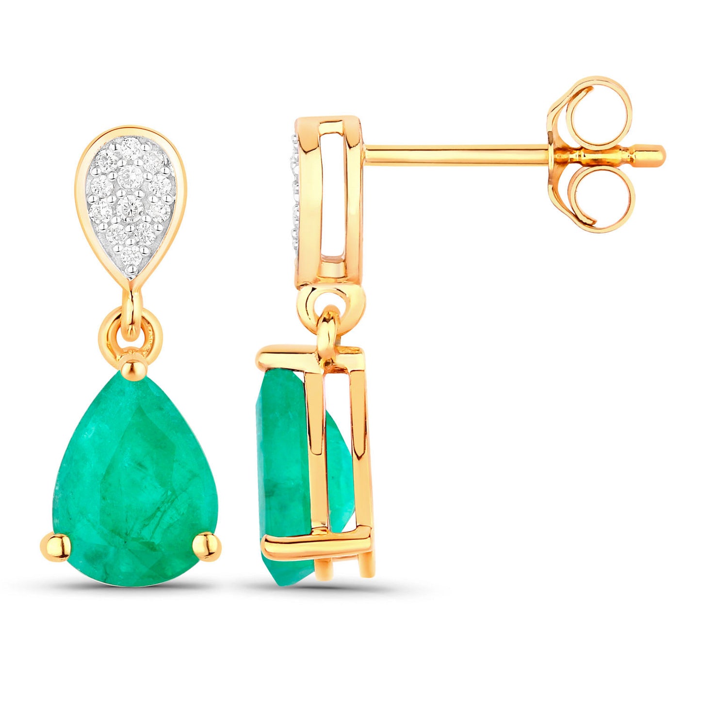 Zambian Emerald Teardrop Earrings Diamonds 2.2 Carats 14K Yellow Gold