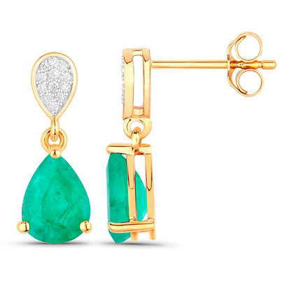 Zambian Emerald Teardrop Earrings Diamonds 2.2 Carats 14K Yellow Gold
