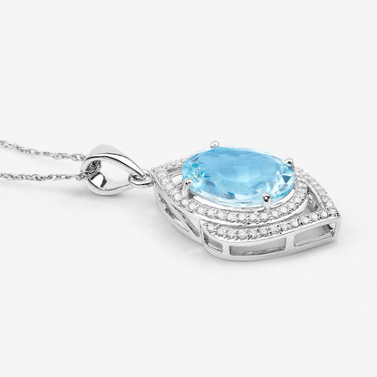 Oval Cut Aquamarine Pendant Necklace Diamond Setting 3.86 Carats 14K White Gold