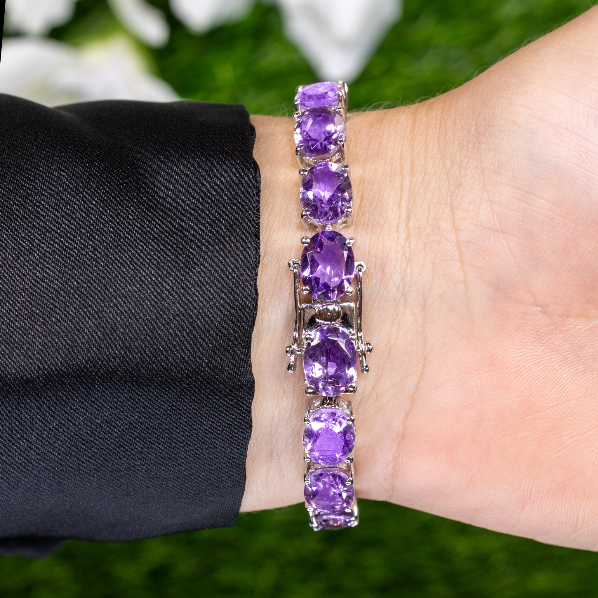 Pink Amethyst Tennis Bracelet 30 Carats Rhodium Plated Sterling Silver