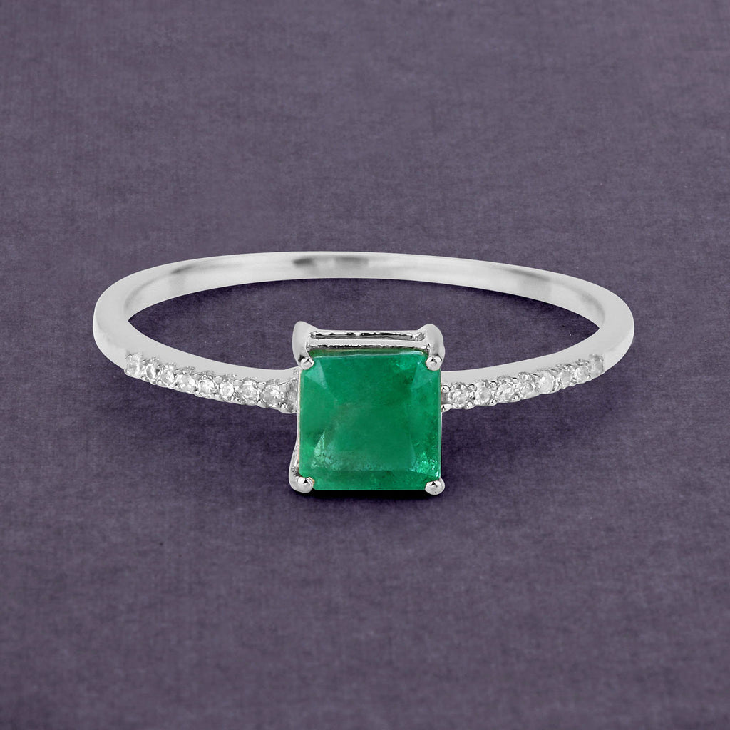 Zambian Emerald Ring With Diamonds 0.6 Carats 14K White Gold