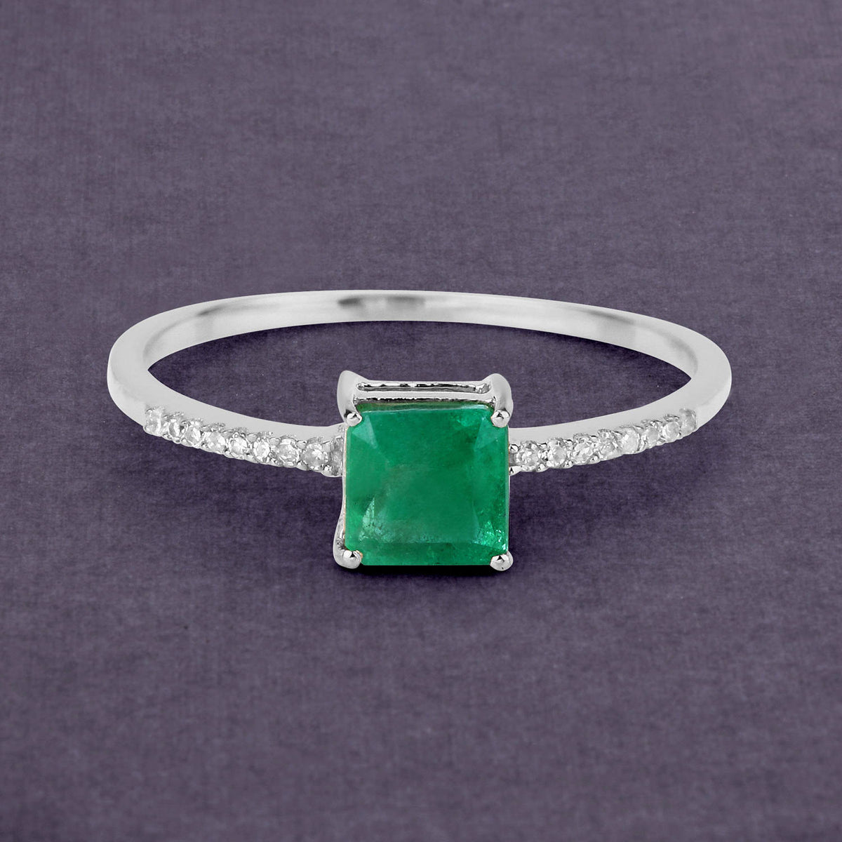 Zambian Emerald Ring With Diamonds 0.6 Carats 14K White Gold