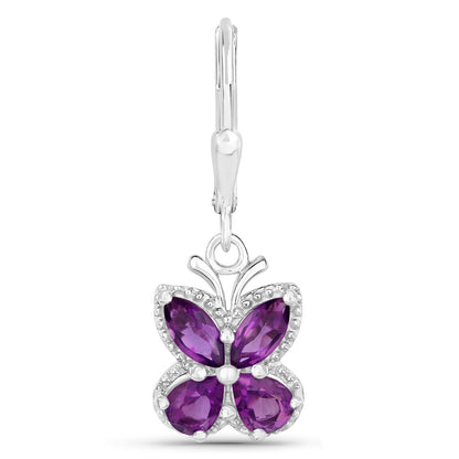 Amethyst Butterfly Earrings 2.12 Carats Rhodium Plated Sterling Silver