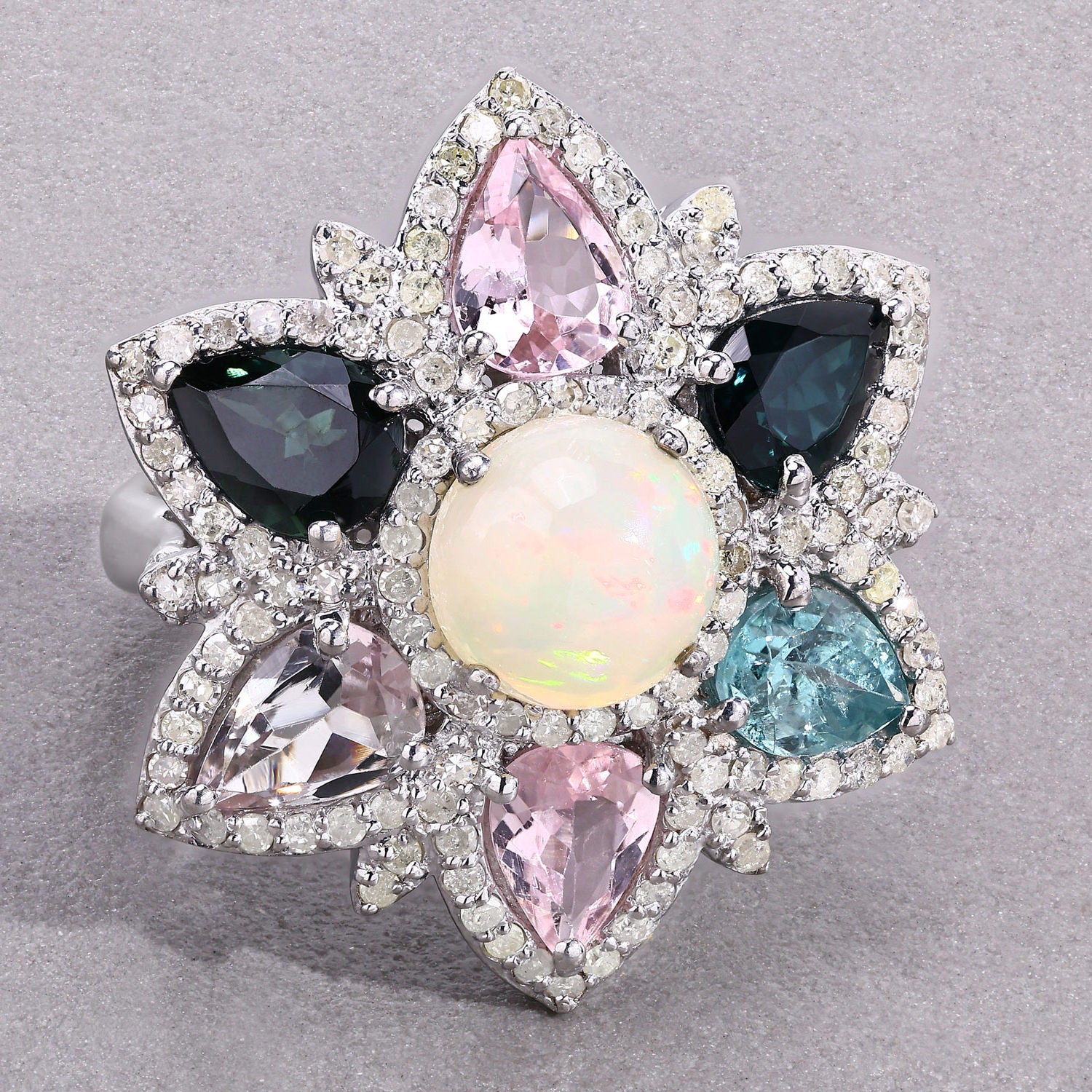 Opal Ring With Multicolor Tourmaline 5.62 Carats Sterling Silver