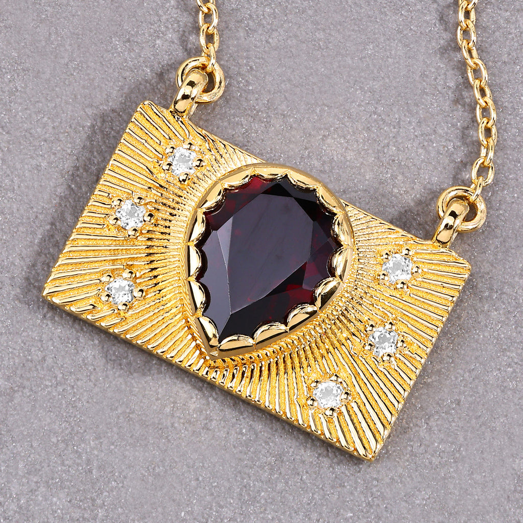 Garnet Purse Necklace With White Topaz 1.9 Carats Gold Plated Silver