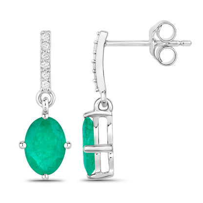 Zambian Emerald Dangle Earrings Diamonds 1.4 Carats 14K White Gold