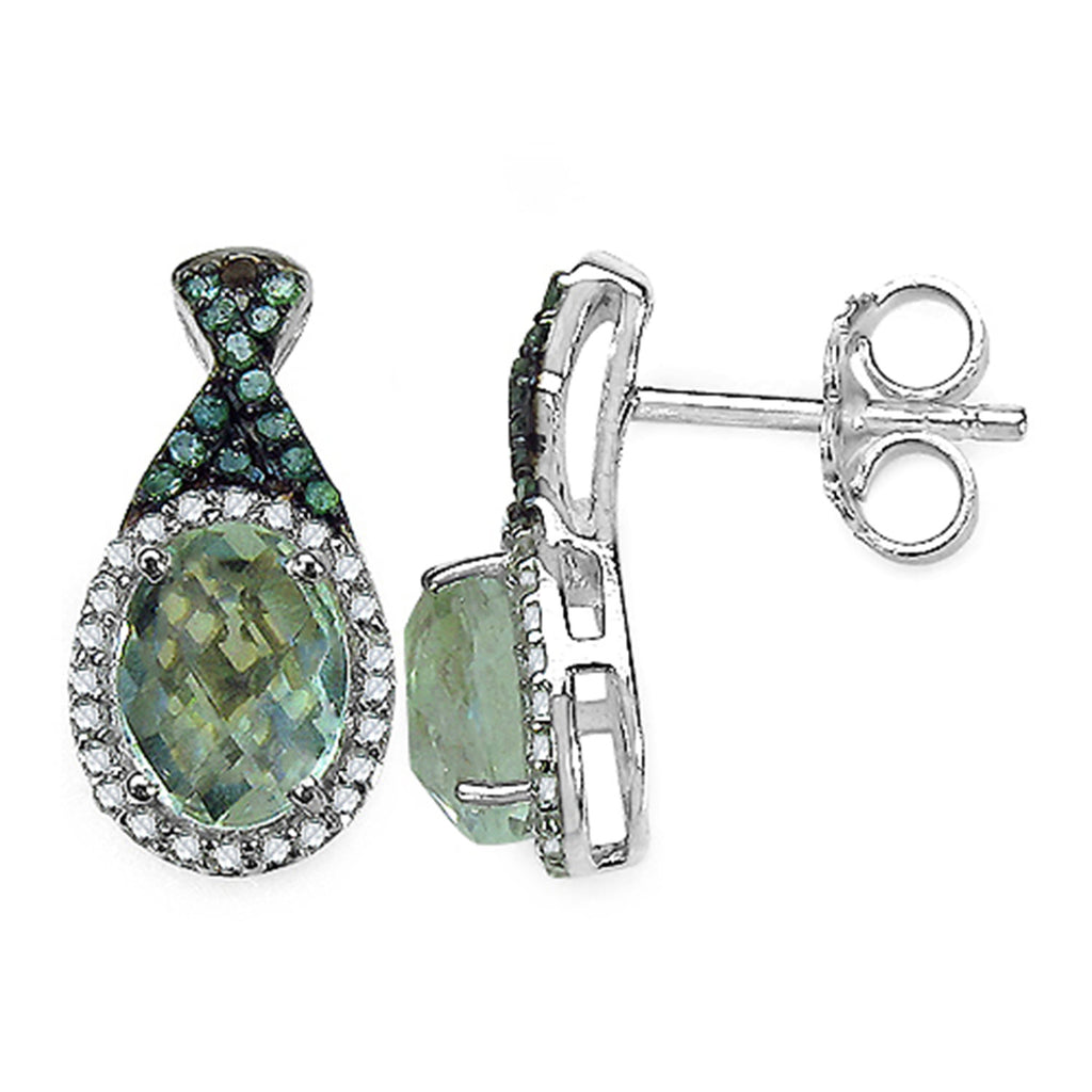 Green Amethyst Earrings With White Diamonds 2.48 Carats Sterling Silver