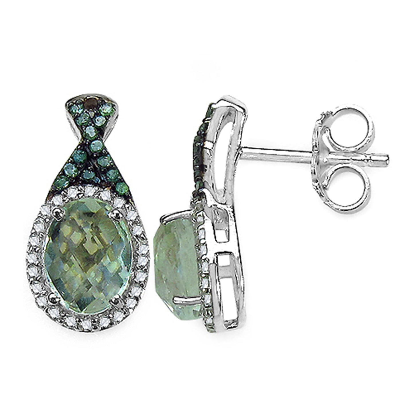 Green Amethyst Earrings With White Diamonds 2.48 Carats Sterling Silver