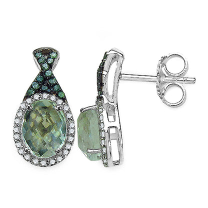 Green Amethyst Earrings With White Diamonds 2.48 Carats Sterling Silver
