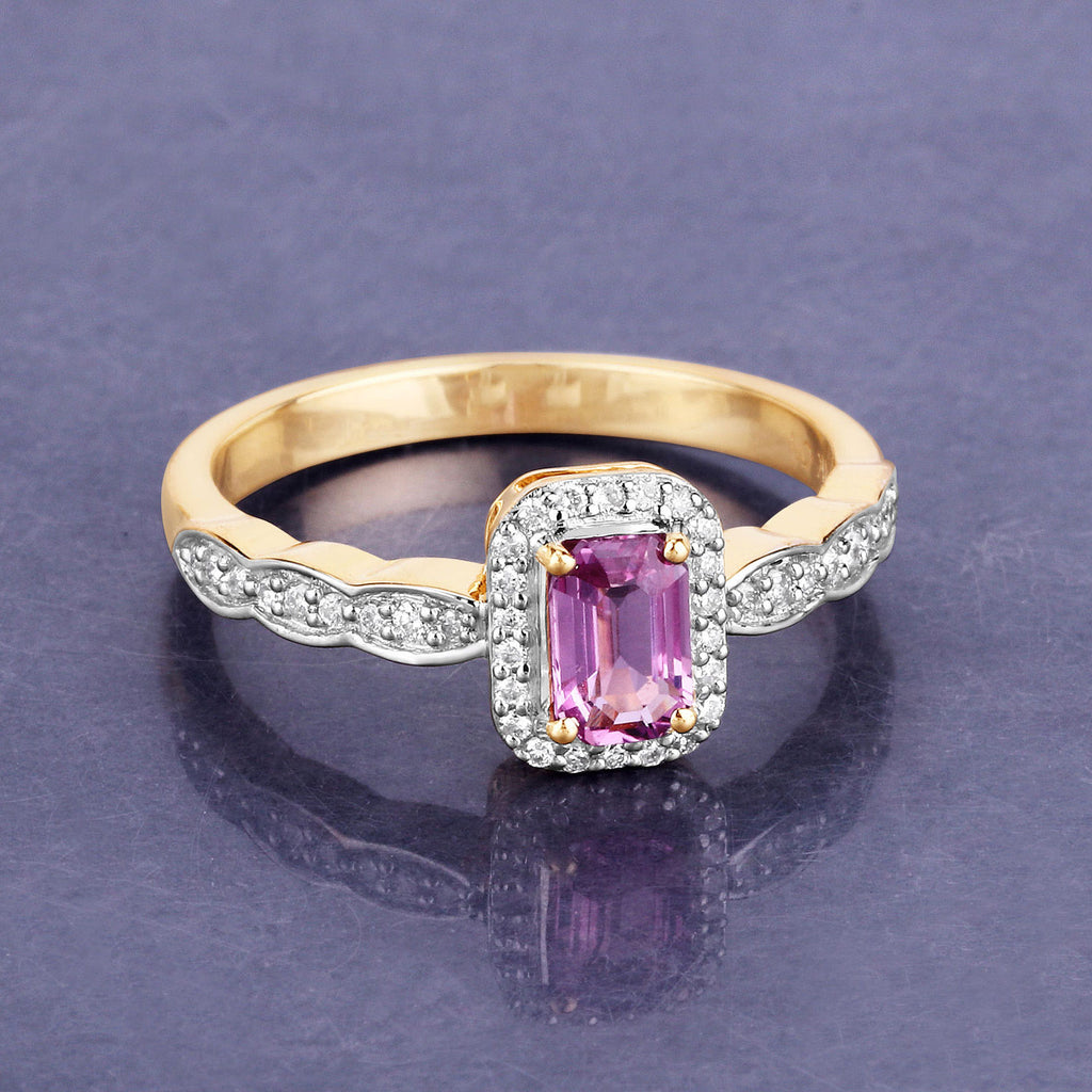 Pink Sapphire Ring With Diamonds 0.74 Carats 14K Yellow Gold