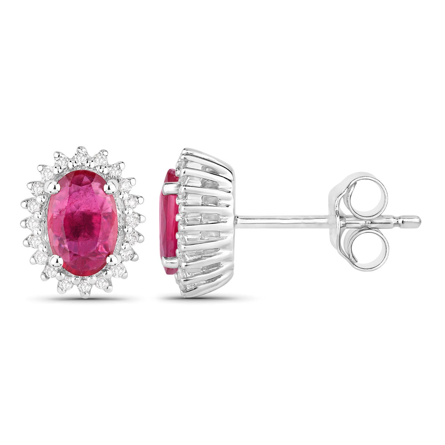 Ruby Halo Stud Earrings Diamonds 1.1 Carats 14K White Gold