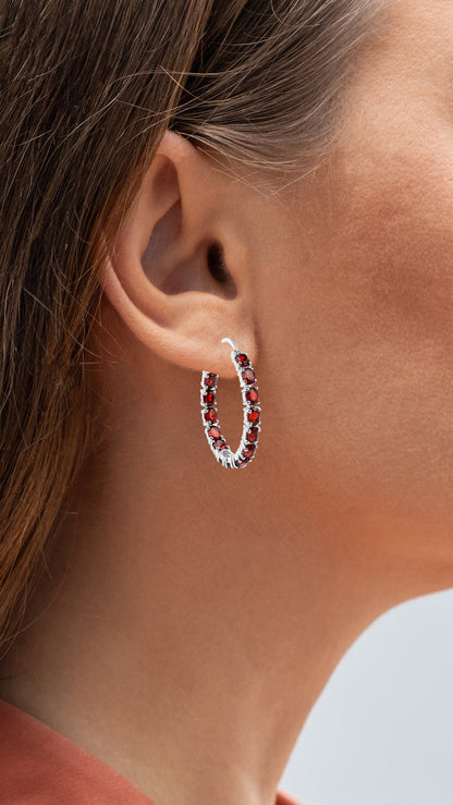 Garnet Hoop Earrings 6 Carats Sterling Silver