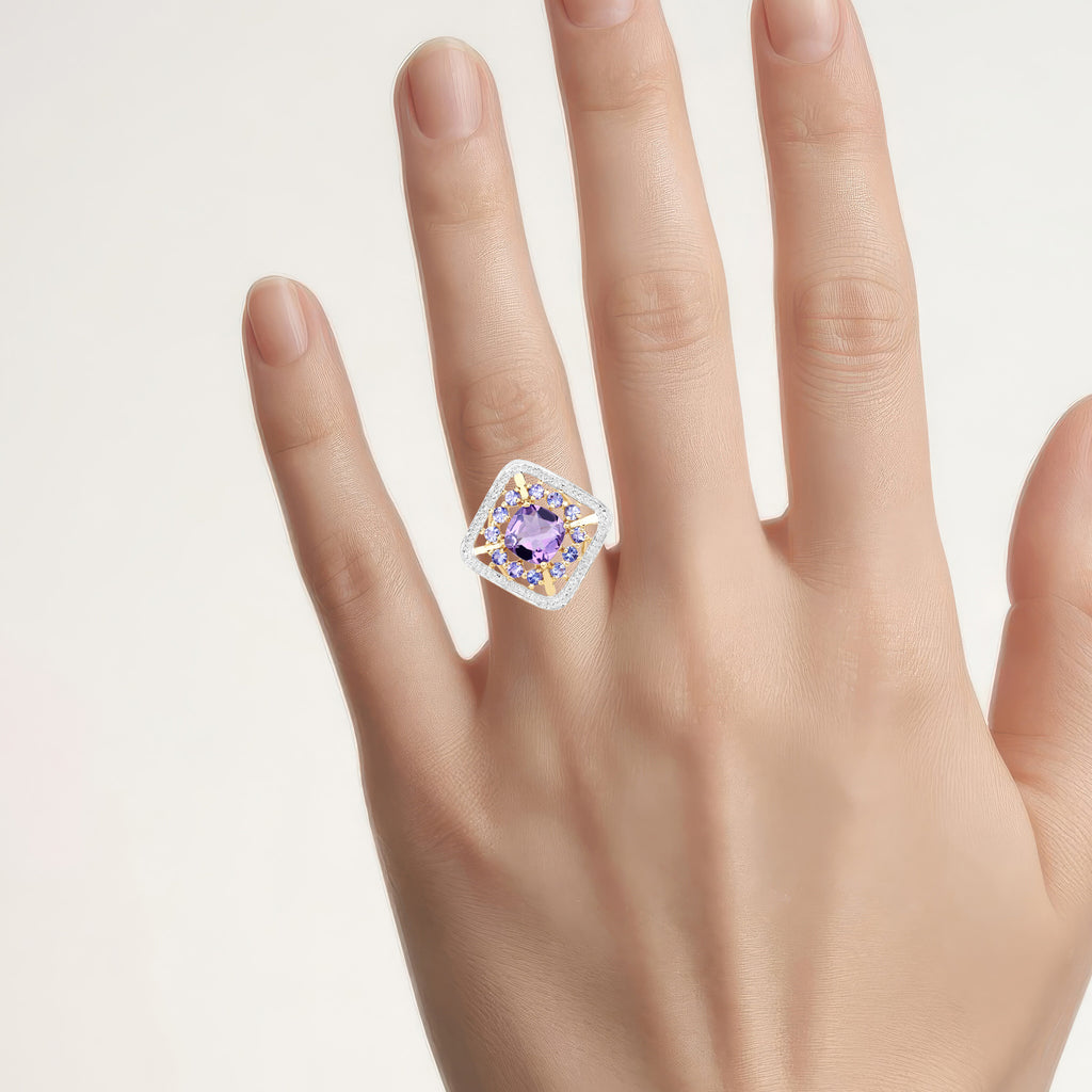 Amethyst Ring With Tanzanite 3.4 Carats Gold Plated Silver
