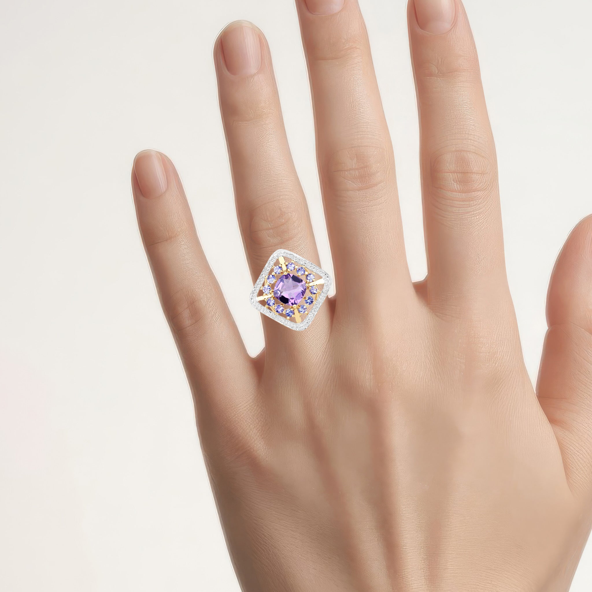 Amethyst Ring With Tanzanite 3.4 Carats Gold Plated Silver