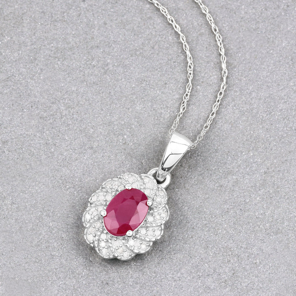 Ruby Floral Pendant With Diamonds 0.92 Carats 10K White Gold
