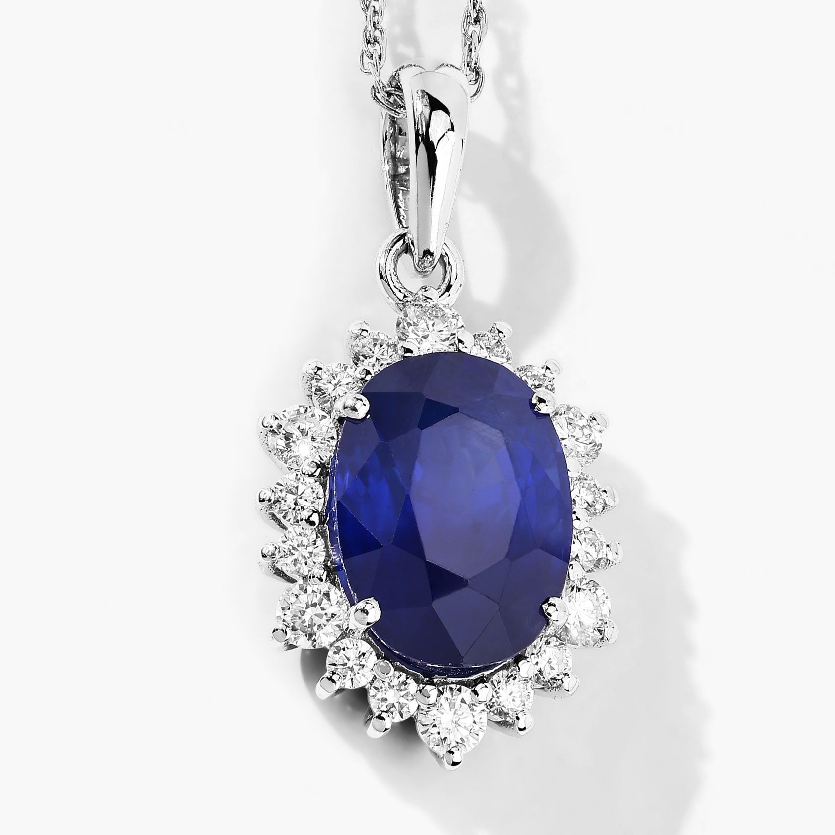 Blue Sapphire Pendant With Diamonds 3.18 Carats 18K White Gold