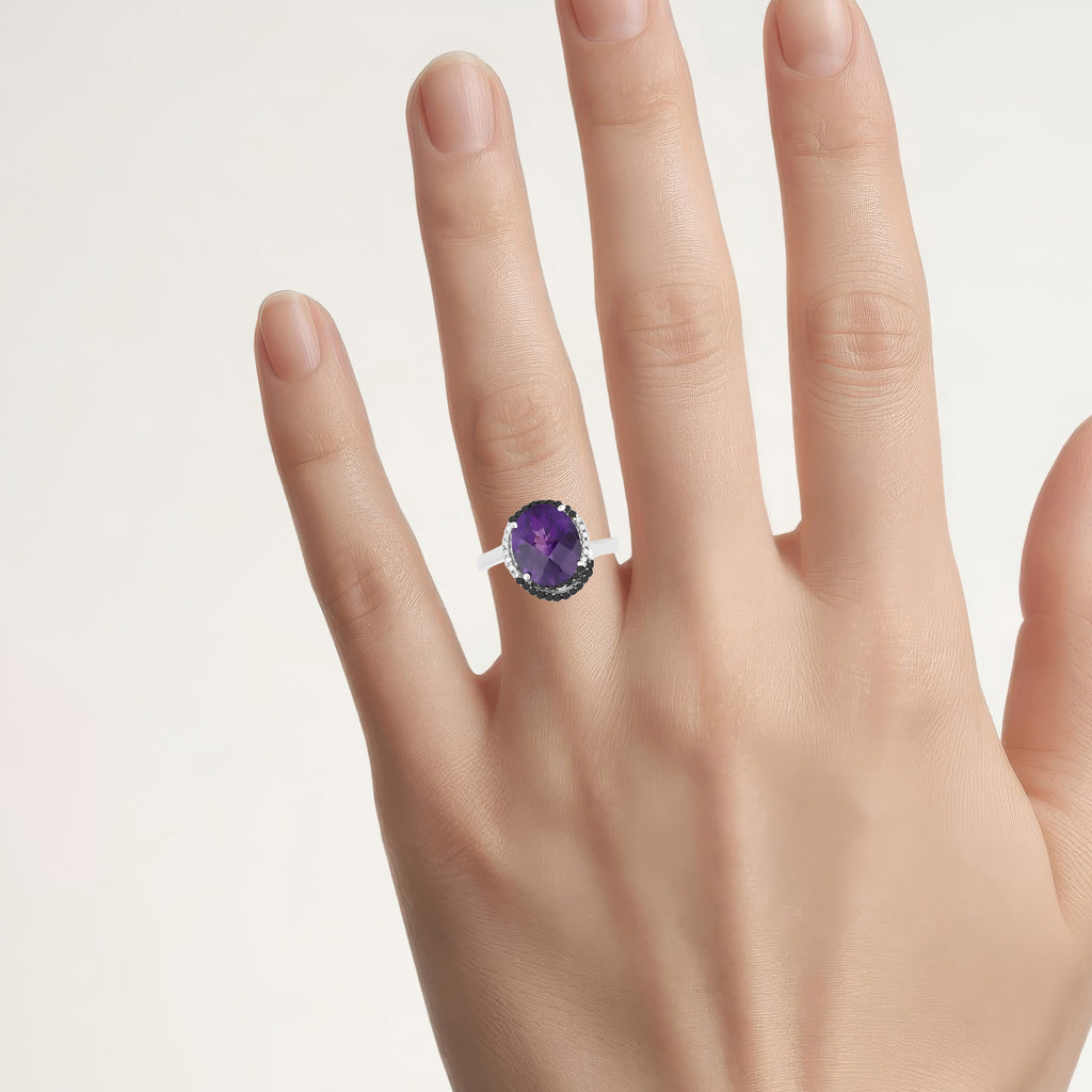 Amethyst Ring With Black and White Diamonds 4.48 Carats Sterling Silver