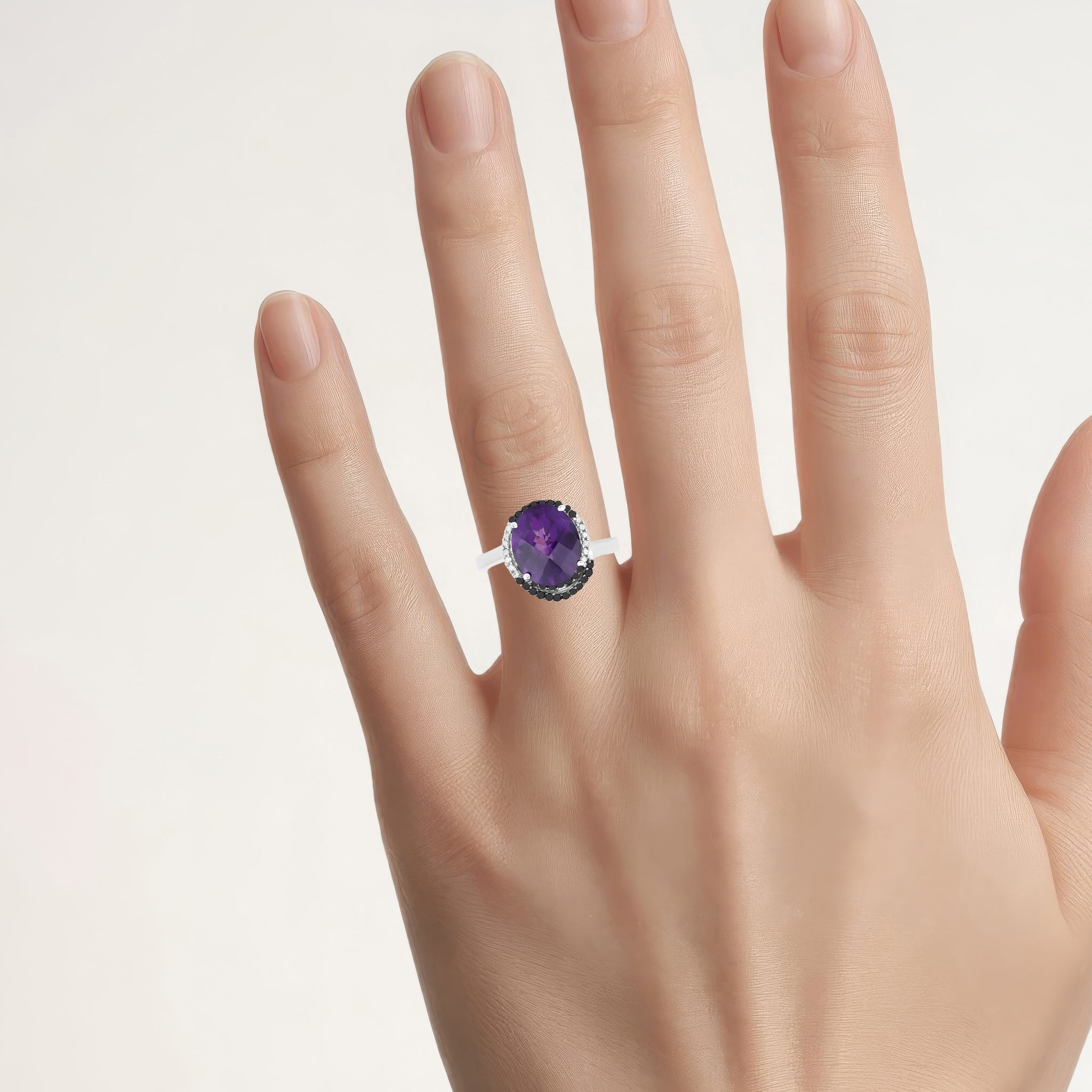 Amethyst Ring With Black and White Diamonds 4.48 Carats Sterling Silver