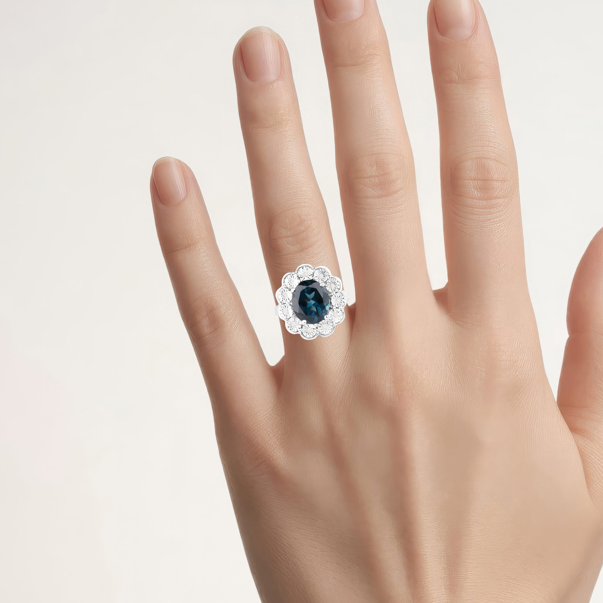 London Blue Topaz Flower Ring With Diamonds 5.08 Carats Sterling Silver
