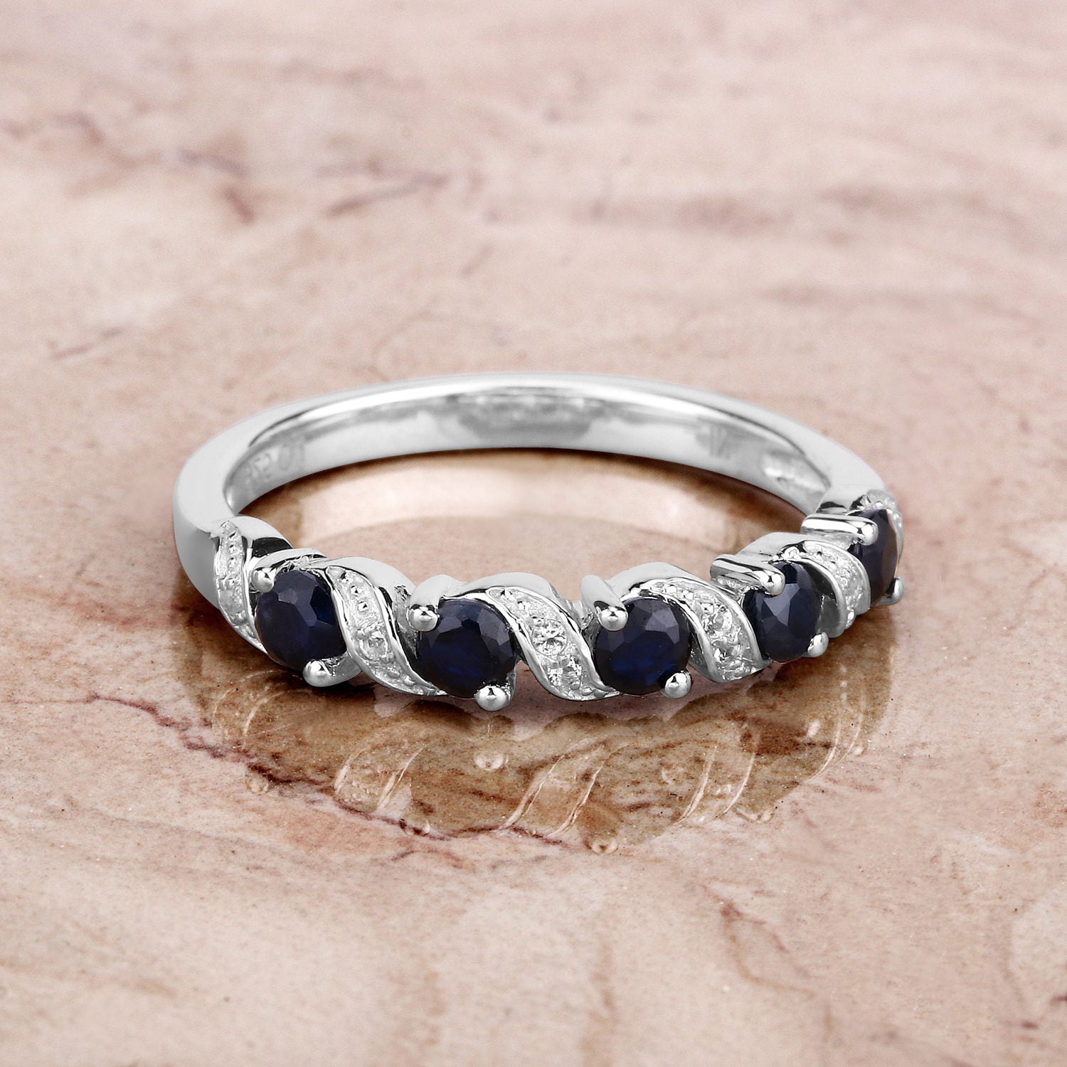Blue Sapphire Ring With White Topaz 0.6 Carats Sterling Silver