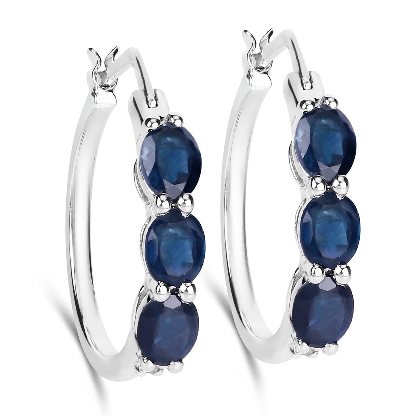 Blue Sapphire Hoop Earrings With Diamonds 2.02 Carats Sterling Silver