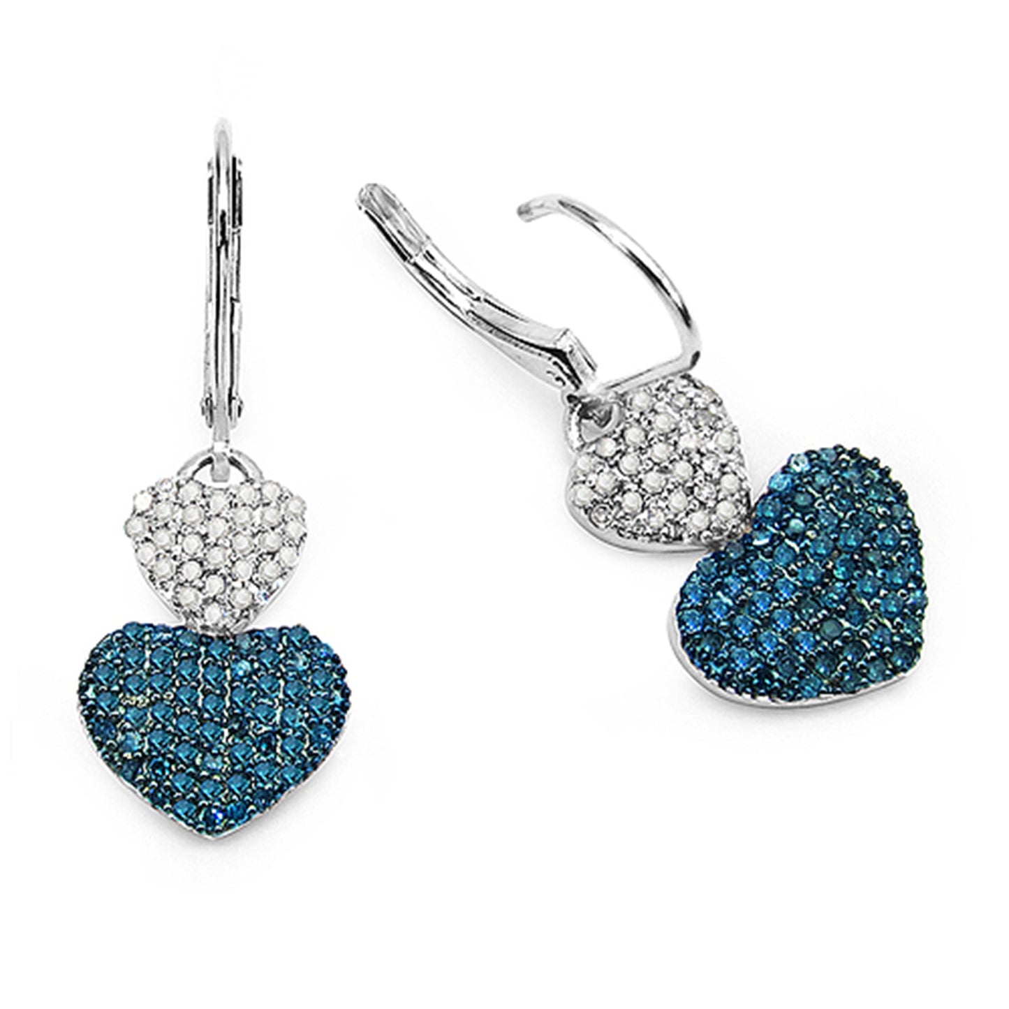 Blue and White Diamond Heart Earrings 0.82 Carats Sterling Silver