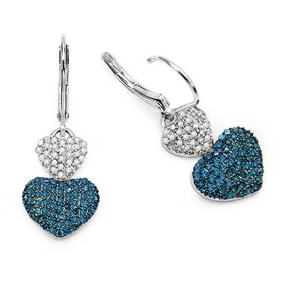 Blue and White Diamond Heart Earrings 0.82 Carats Sterling Silver