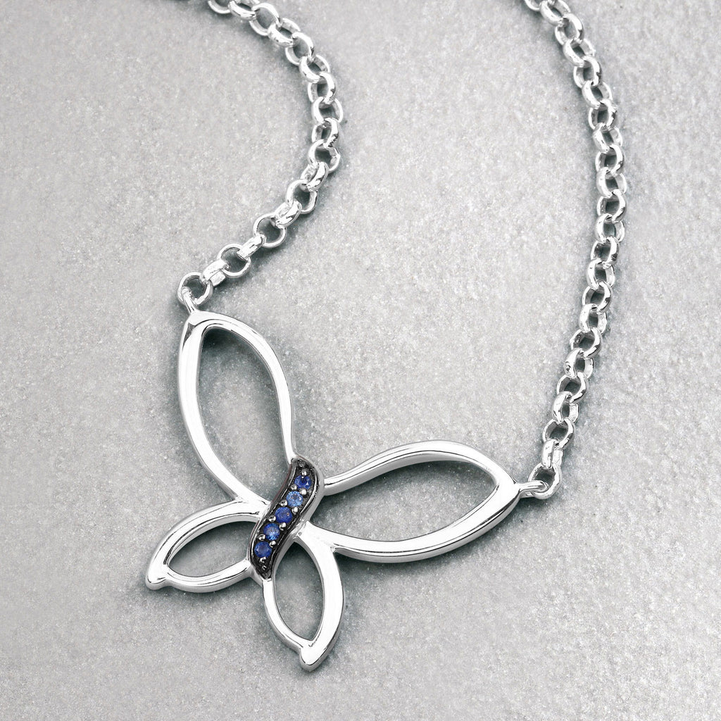Blue Sapphire Butterfly Pendant 0.08 Carats Sterling Silver