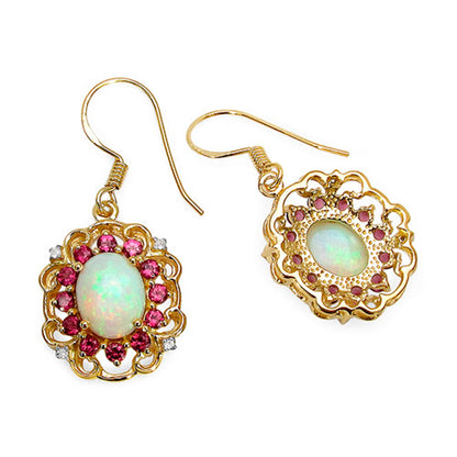 Natural Opal Earrings With Rhodolite Garnet 4.88 Carats Gold Plated Silver