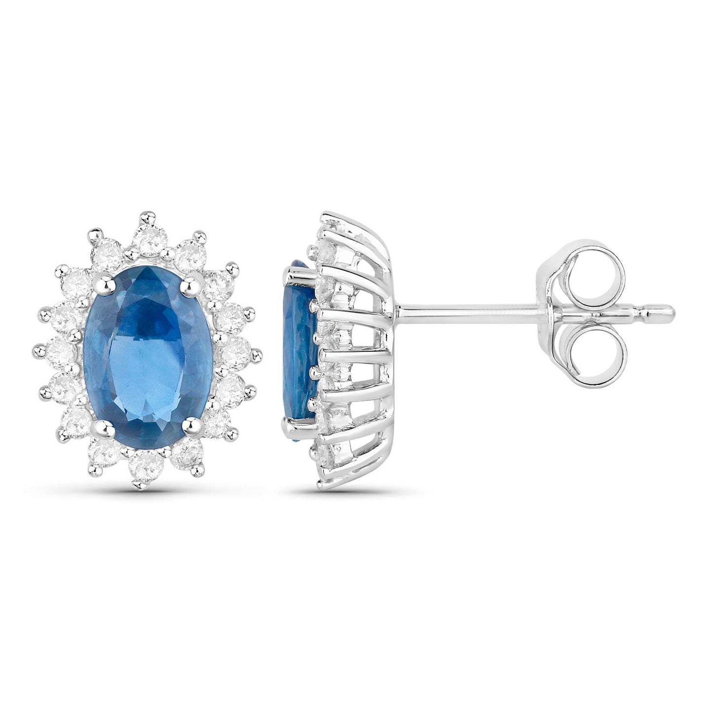 Blue Sapphire Earrings Halo Diamonds 2.2 Carats 14K White Gold