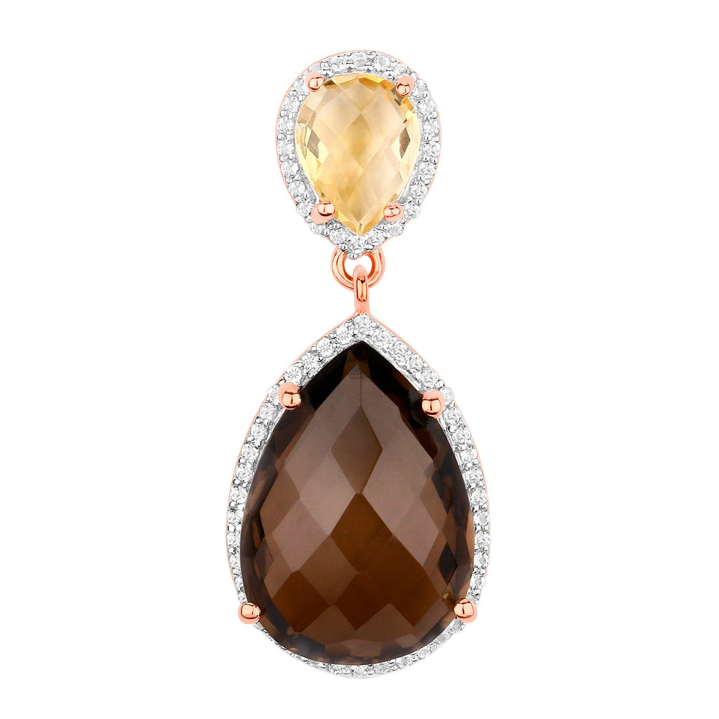 Smoky Quartz Dangle Earrings Citrine 20.7 Carats 18K Rose Gold Plated Silver