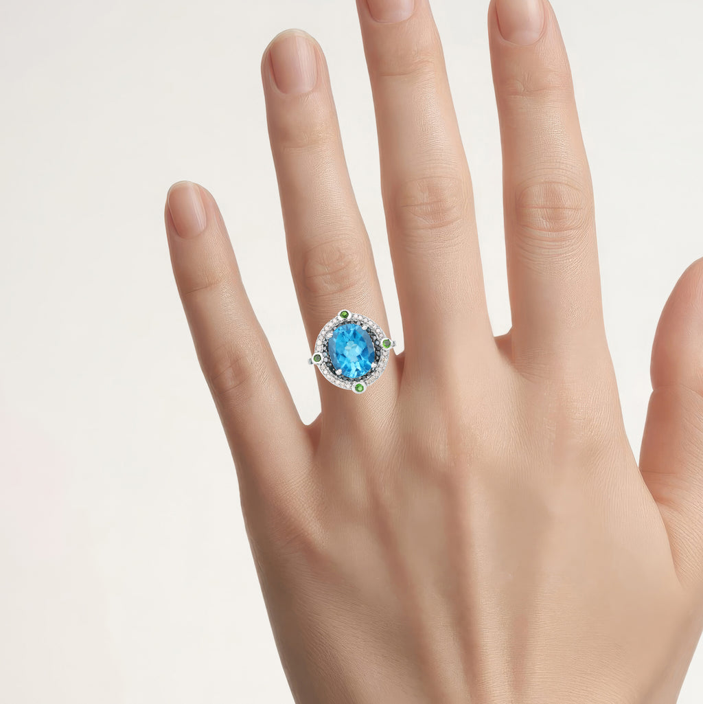 Swiss Blue Topaz Ring With Blue Diamonds 5.78 Carats Sterling Silver
