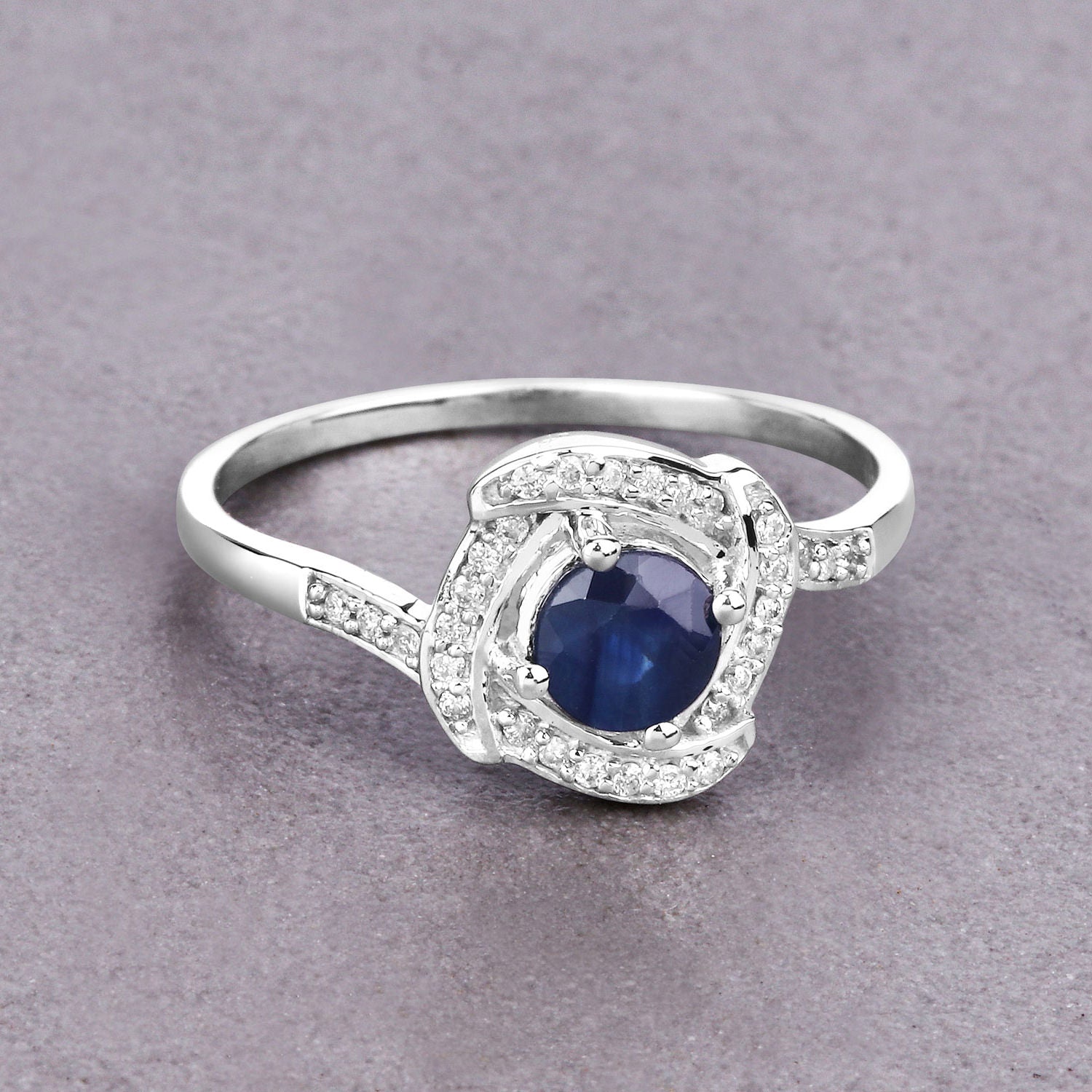 Blue Sapphire Ring With Diamonds 0.7 Carats 14K White Gold