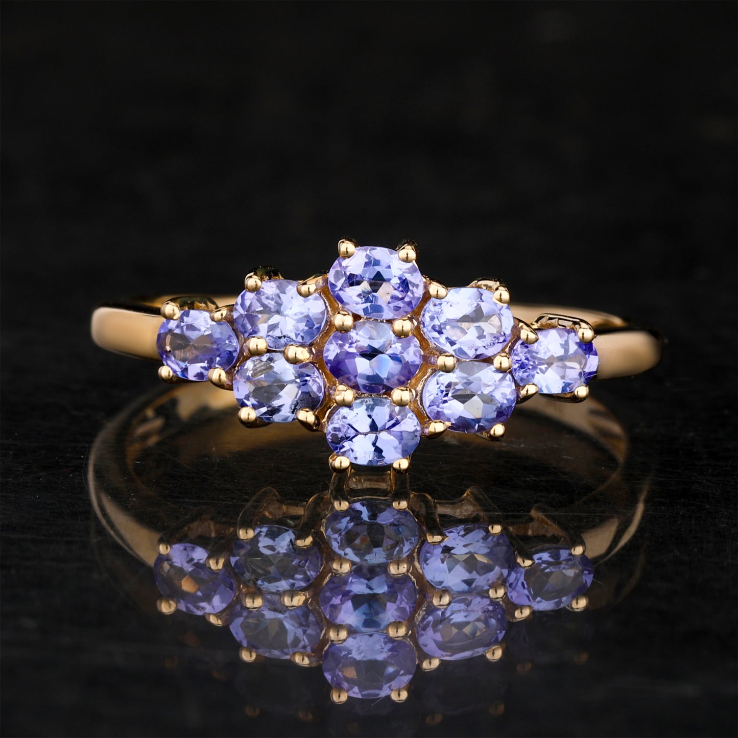 Natural Tanzanite Cluster Ring 0.9 Carats 9K Yellow Gold