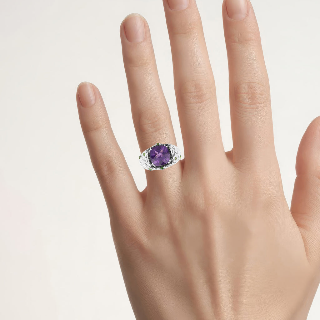 Amethyst Ring With Chrome Diopside 3.22 Carats Sterling Silver