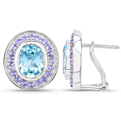 Blue Topaz Stud Earrings Tanzanite 6.2 Carats 18K Gold Plated Silver