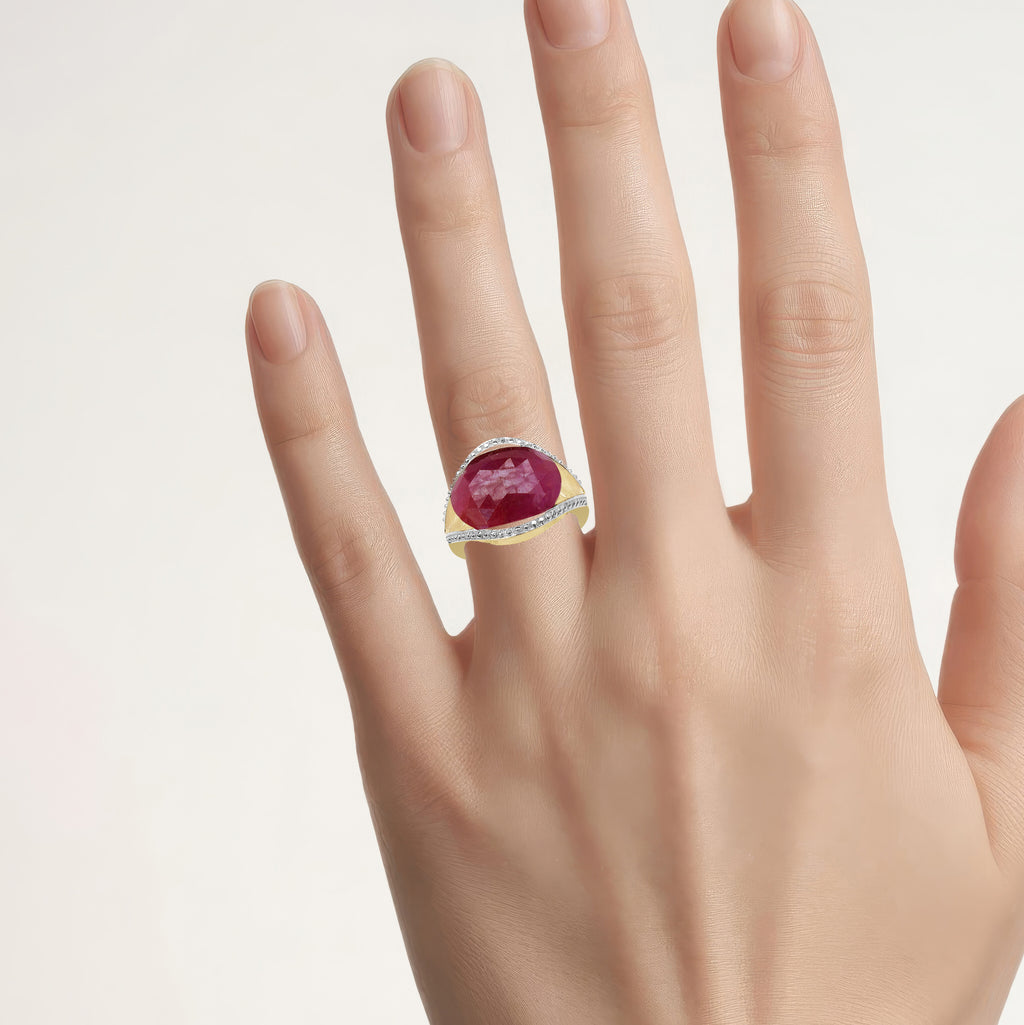 Pink Sapphire Ring With Diamonds 9.27 Carats Gold Plated Silver