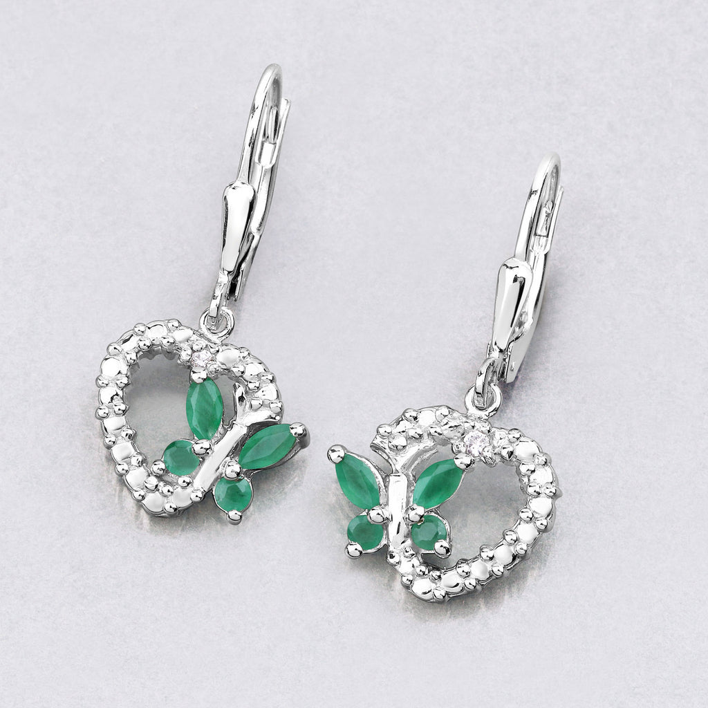 Emerald Butterfly Earrings With White Sapphire 0.38 Carats Sterling Silver