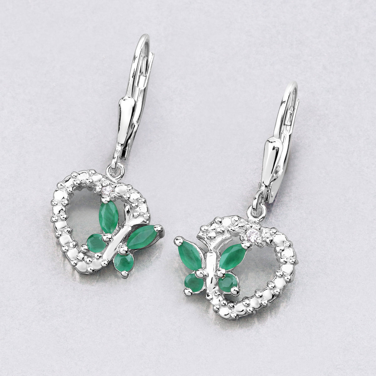 Emerald Butterfly Earrings With White Sapphire 0.38 Carats Sterling Silver