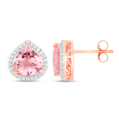 Morganite Stud Earrings With Diamonds 3.24 Carats 14K Rose Gold