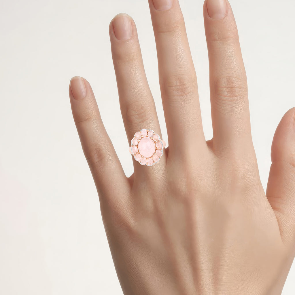 Morganite Flower Ring 6.72 Carats Gold Plated Silver
