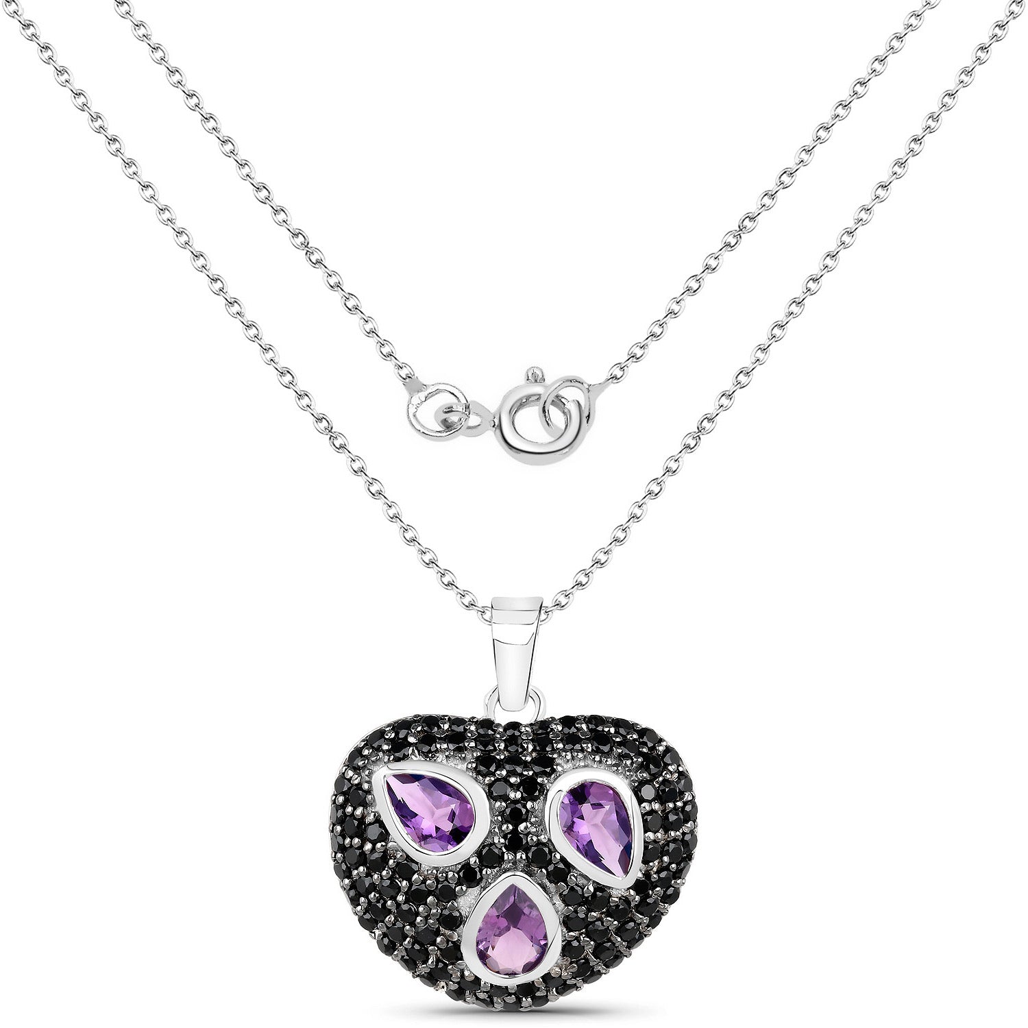Amethyst Heart Pendant With Black Spinel 3.16 Carats Sterling Silver