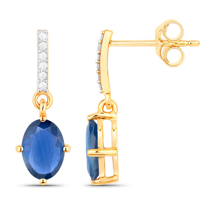 Natural Blue Sapphire Earrings With Diamonds 1.92 Carats 14K Yellow Gold
