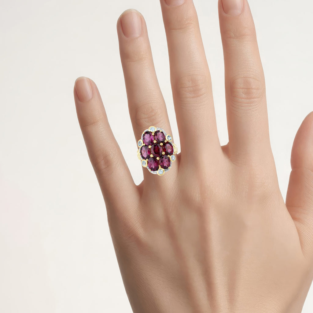 Rhodolite Garnet Flower Ring With Blue Topaz 11.1 Carats Gold Plated Silver
